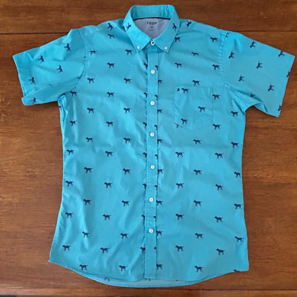 Izod Men’s Turquoise Short-Sleeve Button-Down with Navy Dog Print